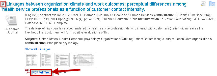 Picture of an article's information from the search results. In the bottom left corner of the image, PDF Full Text is outlined in red with a red arrow pointing to it to show where to locate it.