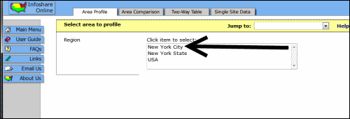 screenshot of Area page of Infoshare