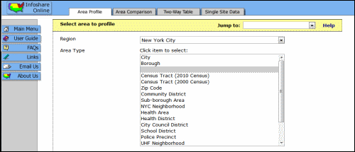 screenshot of area type page of Infoshare
