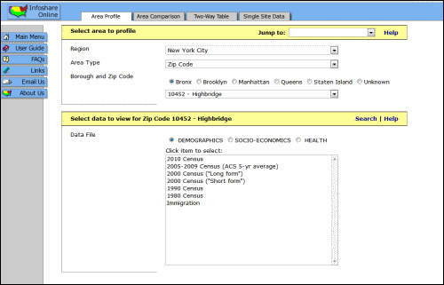 screenshot of Census year selection page of Infoshare