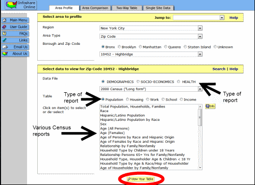 screenshot of Census report selection page of Infoshare