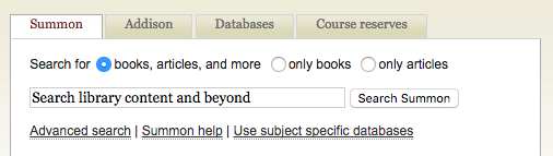 Image of the Summon search box on the VT University Libraries home page