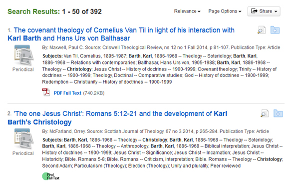 Picture of Alta Religion Database basic search results