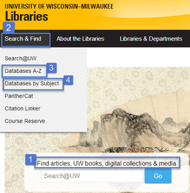 Database search options on the UWM Libraries homepage.