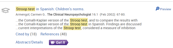 PsycInfo's brief view of the record for Stroop test in Spanish Children's norms.