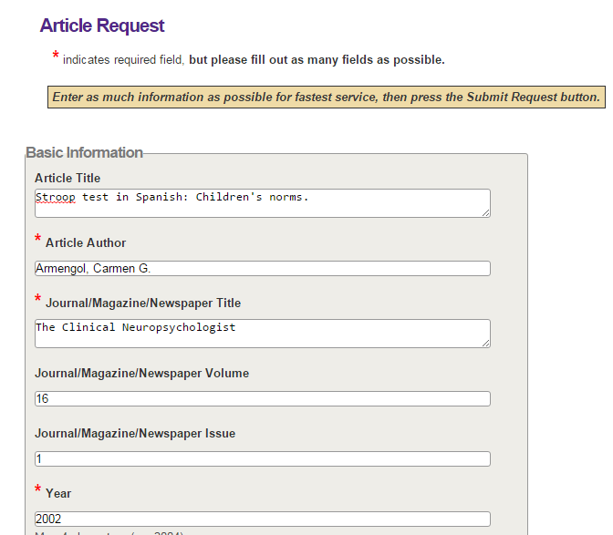 Interlibrary loan request autofilled with information about the article Stroop Test in Spanish: Children's Norms