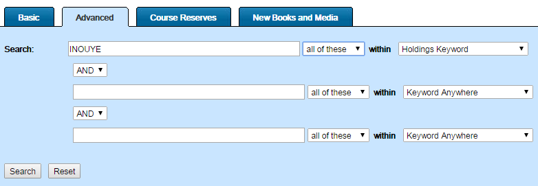 Screenshot of the Advanced Search in UHWO Voyager