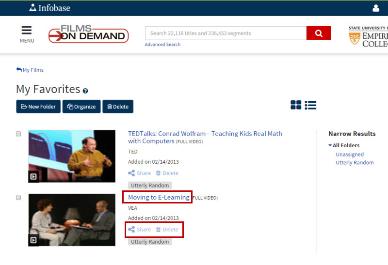 Screenshot of the Films On Demand My Favorites page. Like a search results page, it has a picture icon for each favorite, its title, which is a hyperlink to its video information page, and icons to preview, share, or delete the video from the favorites folder. There is a Narrow Results menu that lets you select All Folders or individual folders.
