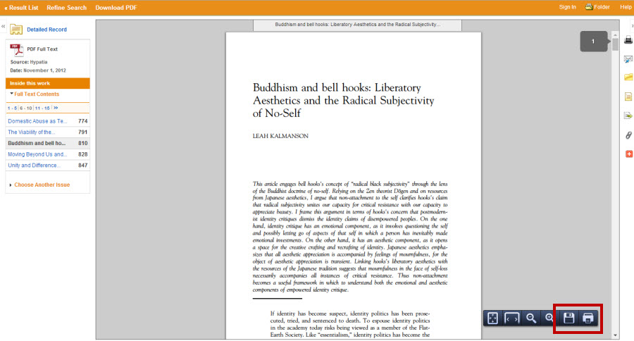 Screenshot of the PDF full-text view in the OneSearch Database. There is a left column that includes navigable contents of that journal issue. There is a wide center column where the PDF displays. There is a very narrow right column with icons to print, email, add to folder, see the formatted citation, export to a reference management tool, get the permalink, or share it on social media. Those print and email icons on the right are not what we're talking about - they only send the citation and abstract! To get the full-text, you need to put your cursor in the middle section where the pdf displays. You can use hotkeys like Ctrl-P for print and Ctrl-S for save. Or you can use the buttons that pop up in the lower right side of that wide middle column.