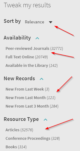 Arrows pointing to different criteria that can be used to filter results
