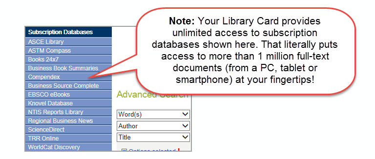 Image depicting Subscription Databases available from the left-hand menu of the catalog.