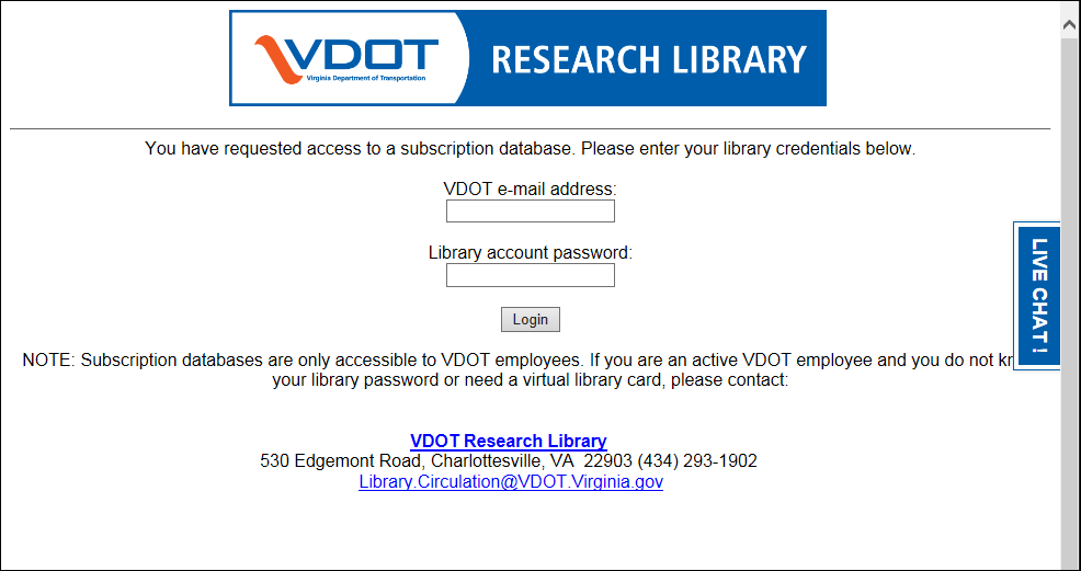 Screen shot of the screen that will prompt VDOT employees to enter their virtual library card credentials when they are attempting to access a subscription database while not on the VDOT network.