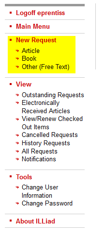 screenshot of ILLiad menu