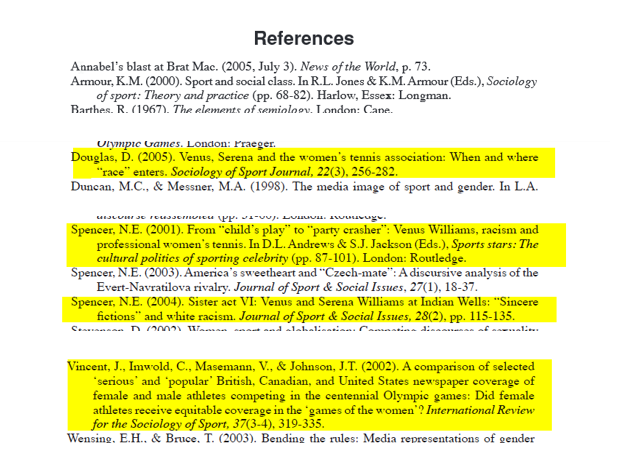 reference list with highlighted citations