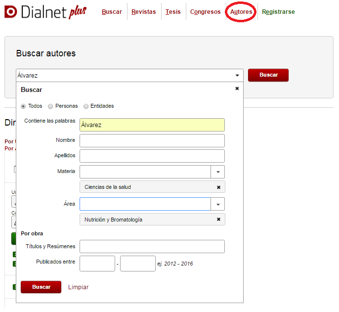 Captura de pantalla de cómo buscar Autores.