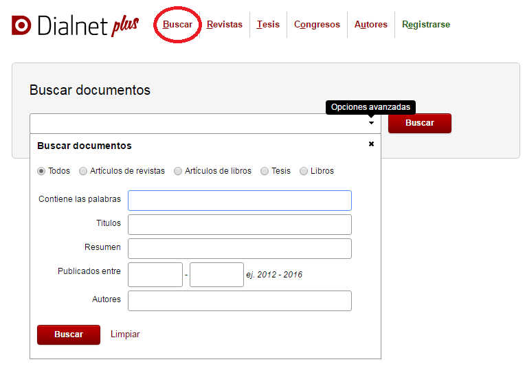 Imagen de Dialnet Plus señalando la palabra "Buscar"