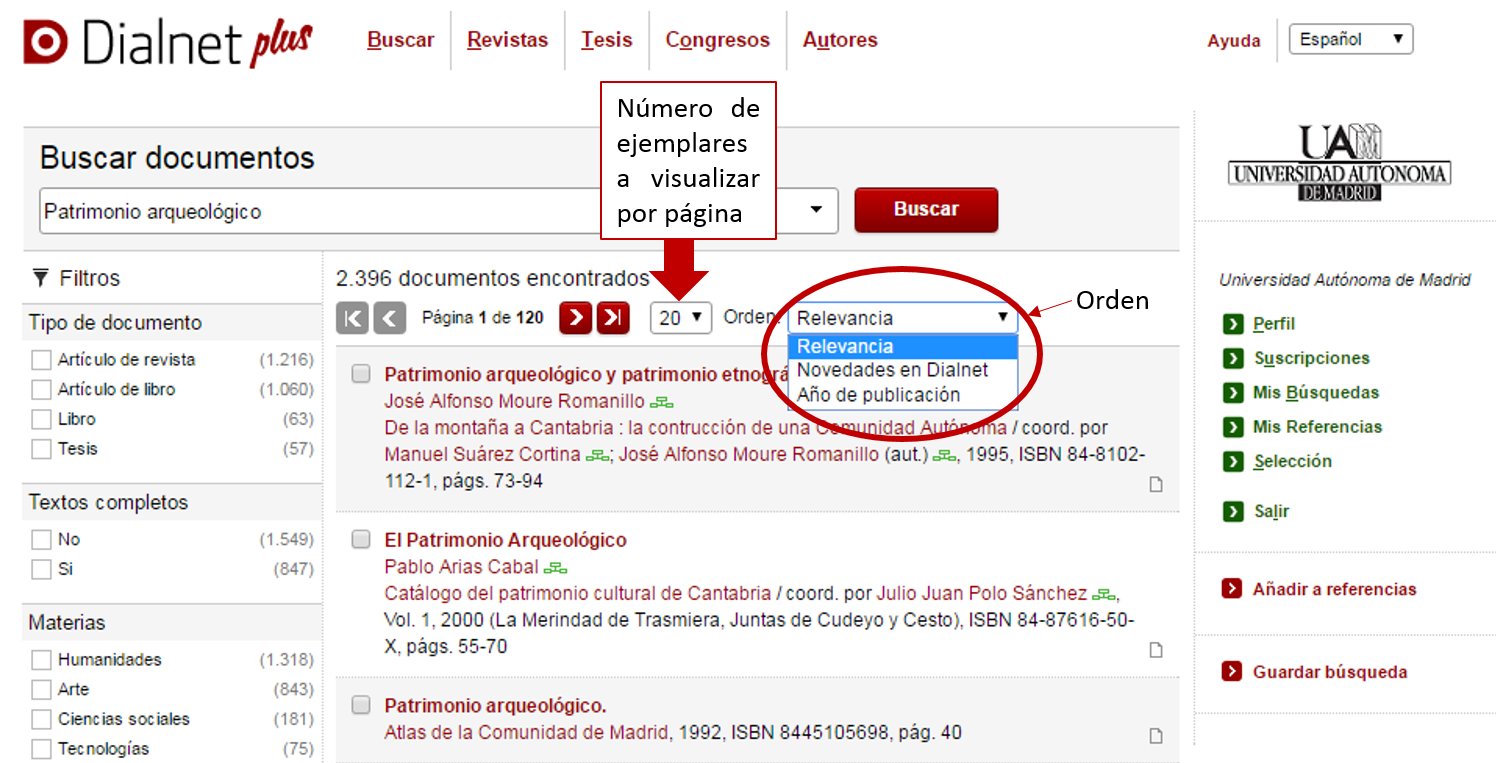 Captura de pantalla mostrando cómo ordenar en búsqueda de documento