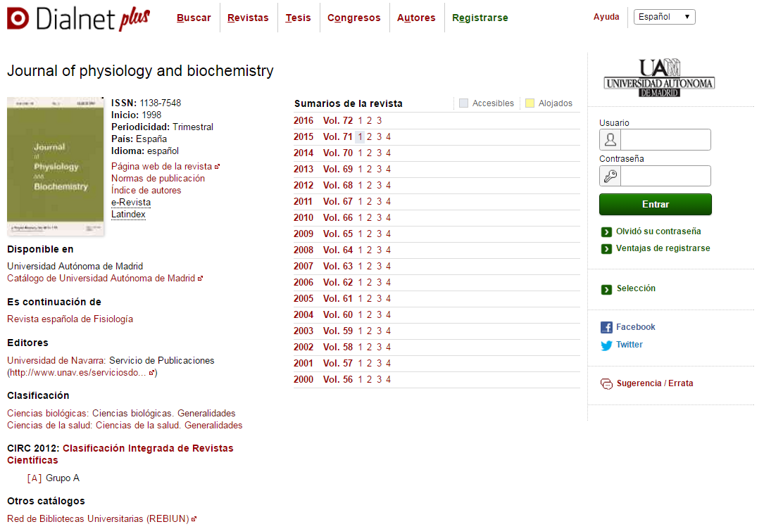 Captura de pantalla mostrando una revista accesible desde Dialnet plus.