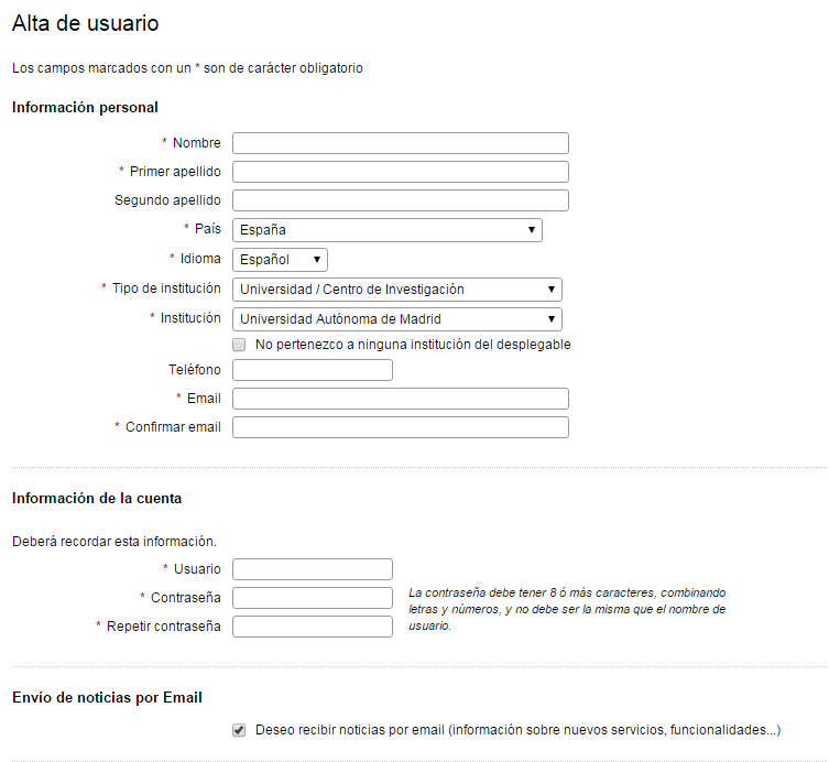 Captura de pantalla de Alta de usuario