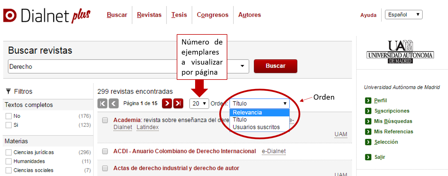 Captura de pantalla mostrando cómo ordenar los resultados de búsqueda de revistas