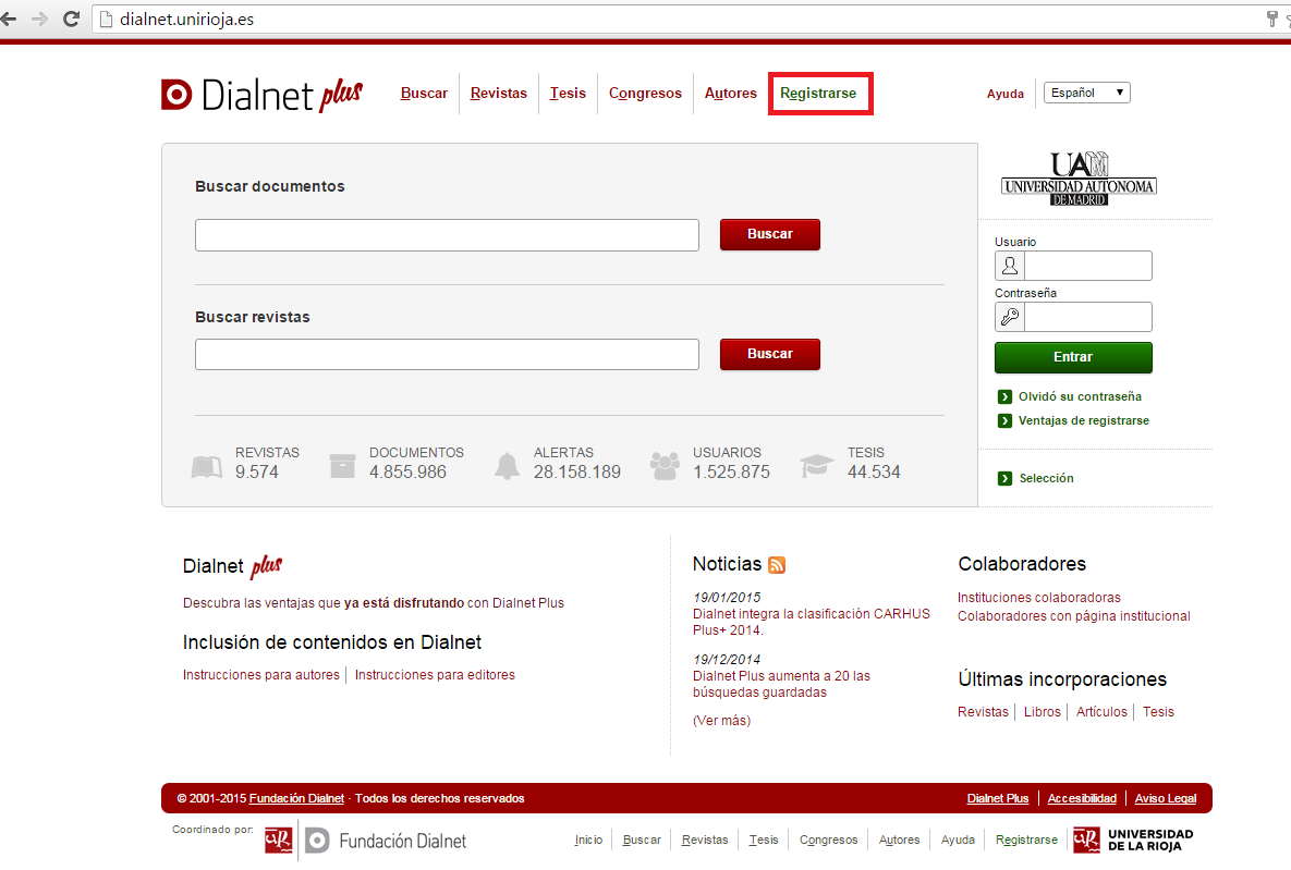 Captura de pantalla de Dialnet Plus: Registrarse