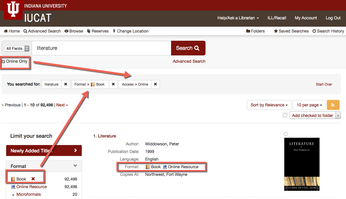 Screen shot of IUCAT showing filters used in a search