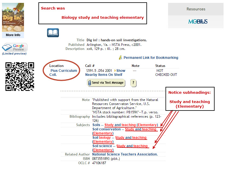 Example of finding subject headings in a library catalog book record.