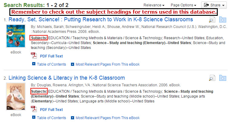 Results from Molecular Biology and Elementary Students search of EBSCOhost eBooks.