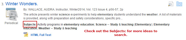 Reference from Education Source showing subjects to search.