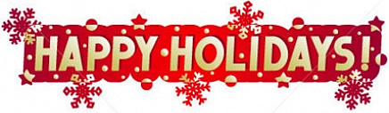 Red background with red snowflakes and gold text reading happy holidays!