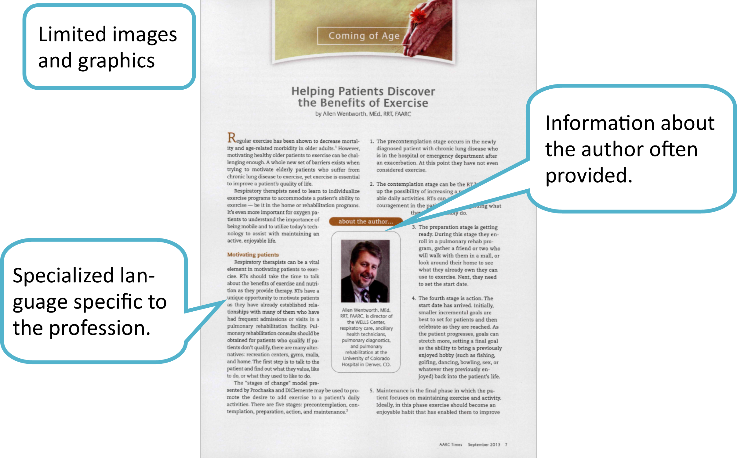 An image of the first page of a trade magazine. Things to look for include limited images and graphics, specialized language specific to the profession, information about the author is often provided.