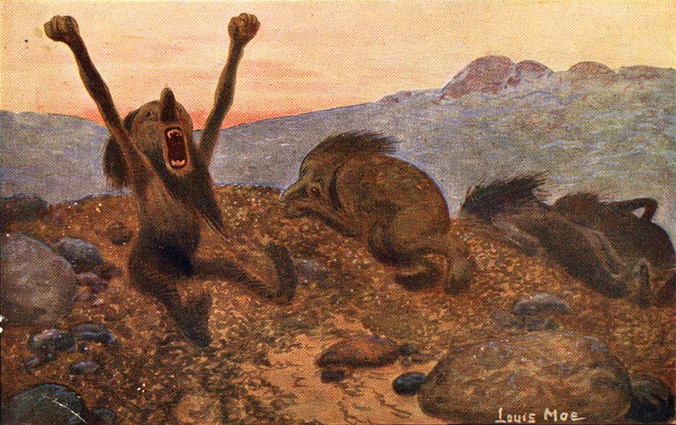 Painting of trolls living in the hills by Norwegian illustrator Louis Moe (1857–1945)