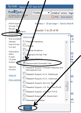 Image of Article Types filter to get to an RCT