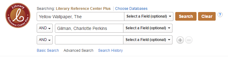 Advanced search page with Yellow Wallpaper, The AND Gilman, Charlotte Perkins as the search terms
