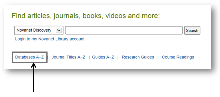 Image shows location of Datbases A-Z link under the Novanet Discover search box on the Lbrary Home page