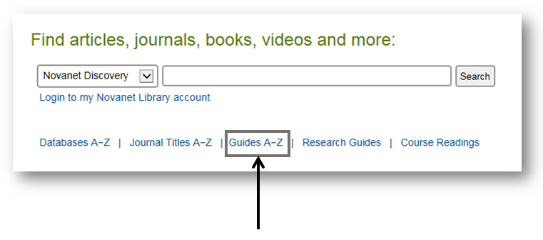 Image shows location of Guides A-Z link under the Novanet Discovery search box on the Library home page