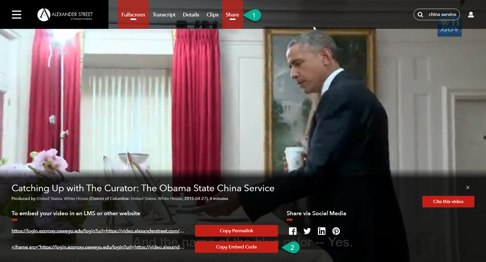 Screenshot of video with embed code shown