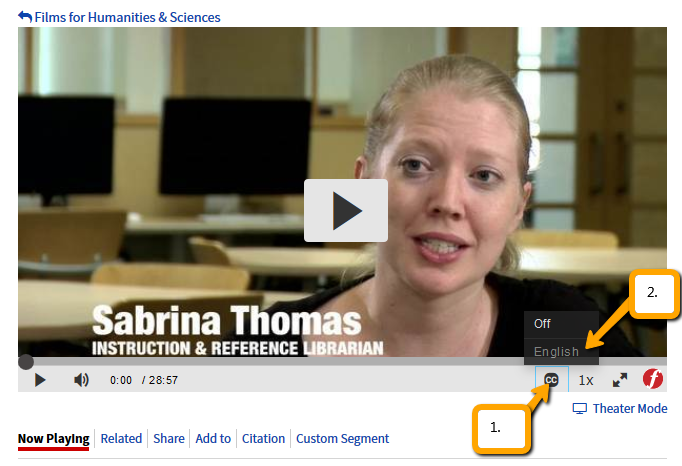 Screen shot showing the closed captioning link described in steps 1-2 above.
