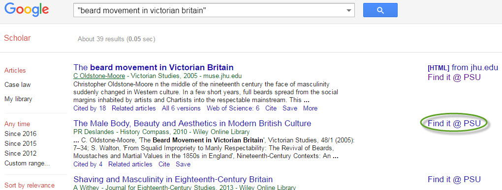 search results in Google Scholar with find it at P S U link