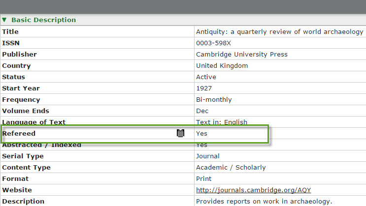 journal refereed data in Ulrichs database record