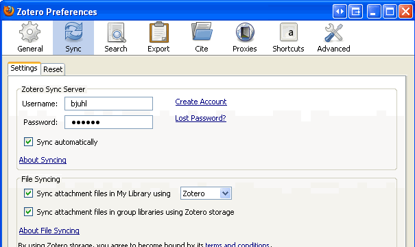 Zotero settings for accoubnt syncing