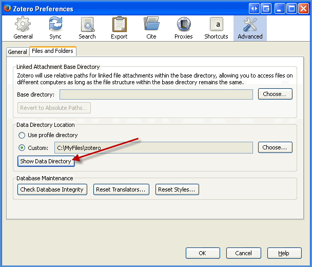 Zotero Preferences - Show Data Directory