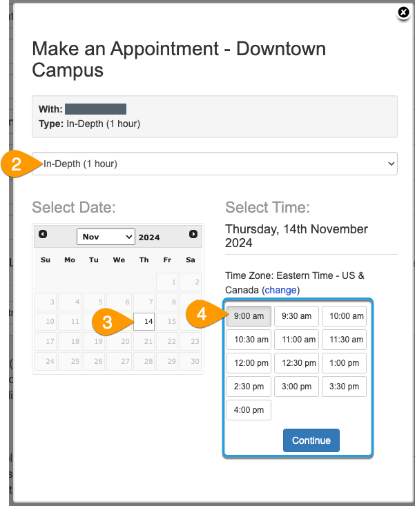 Example of selecting an appointment date and time