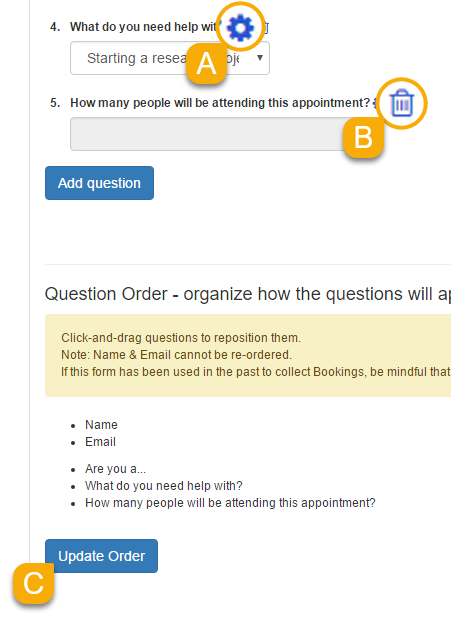 Screenshot highlighting options for editing, deleting, and reordering questions