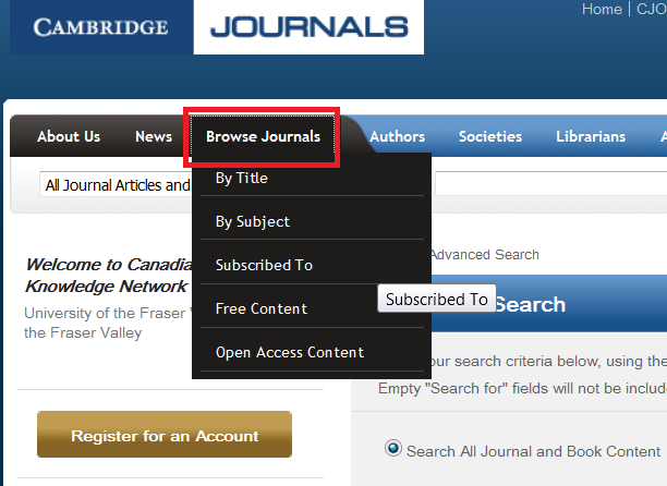 cambridge journals online homepage with browsing journals link highlighted.
