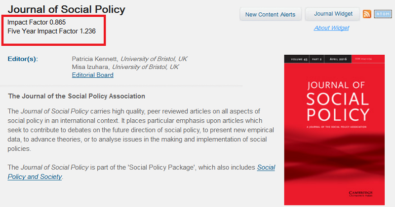 journal of social policy homepage with impact factor highlighted.