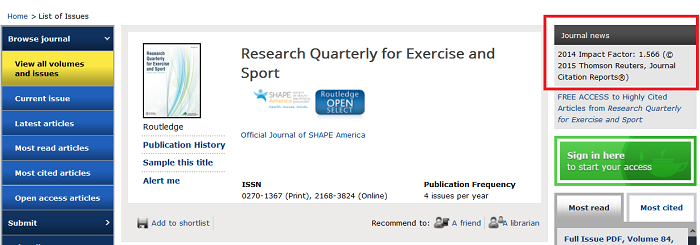 research quarterly for exercise and sport with impact factor highlighted.