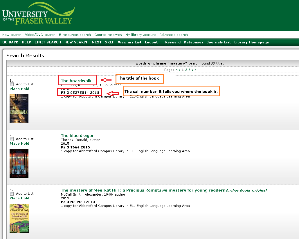 classic library catalogue book search results with title and call number highlighted.