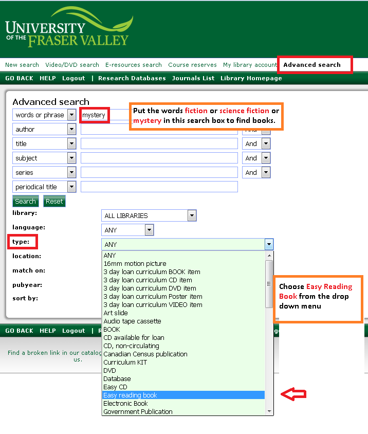 classic library catalogue advanced search showing how to limit to easy reading book type by selecting in drop-down menu.