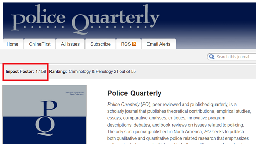 police quarterly homepage with impact factor rating highlighted.
